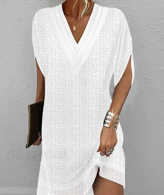 Berta - Elegante vestido casual de manga media con bello cuello en V y delicados bordados para mujer